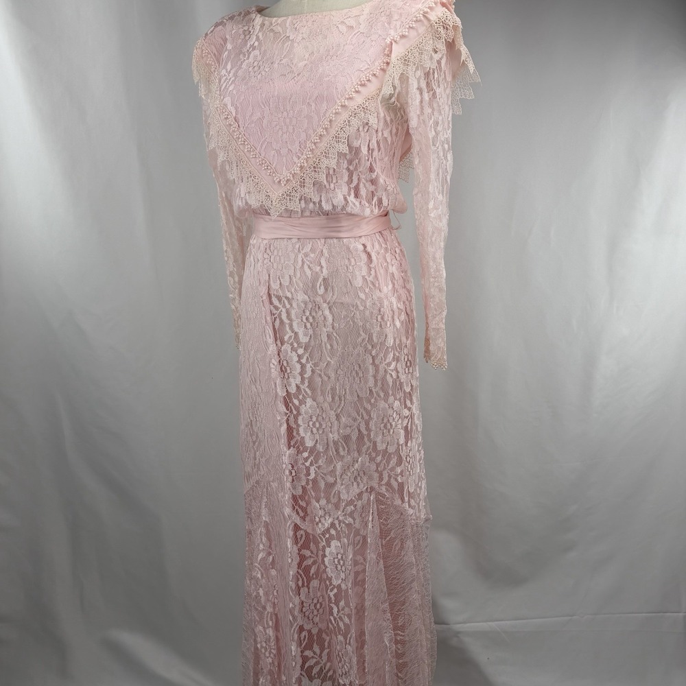 Vintage 60s Pink Lace Maxi Dress 2 Pc Prairie Victorian Boho XS S